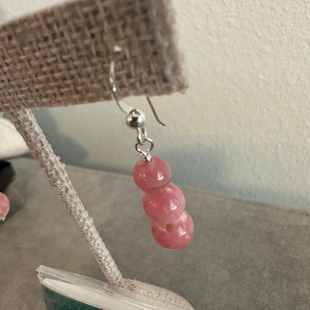 Rhodochrosite 3 bead drop earrings (pierced) by Jay King - Picture 3 of 7